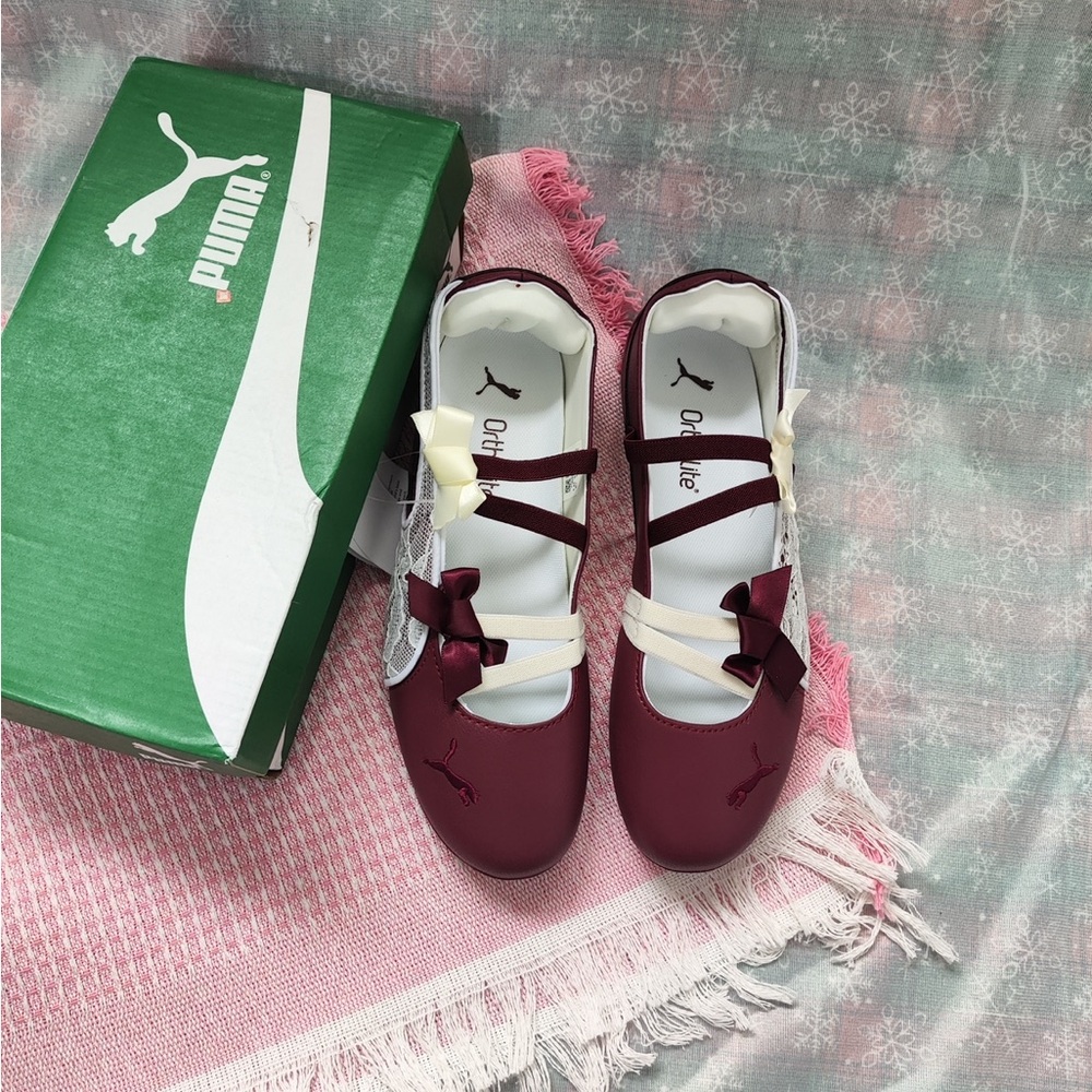 Puma Women’s Burgundy Ballet Mary Jane Flats with Cream Ribbon